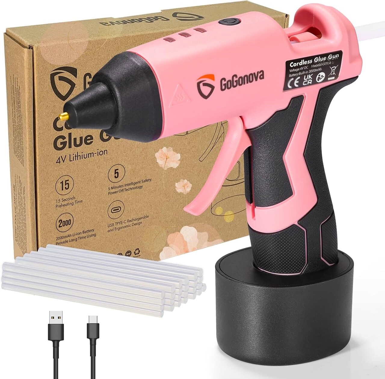 Cordless Glue Gun, 15s Fast Preheating 2Ah Cordless Hot Glue Gun with 25 Pcs Premium Mini Glue Gun Sticks, USB-C Battery Rechargeable hot glue gun, Smart Power-Off, Pink
